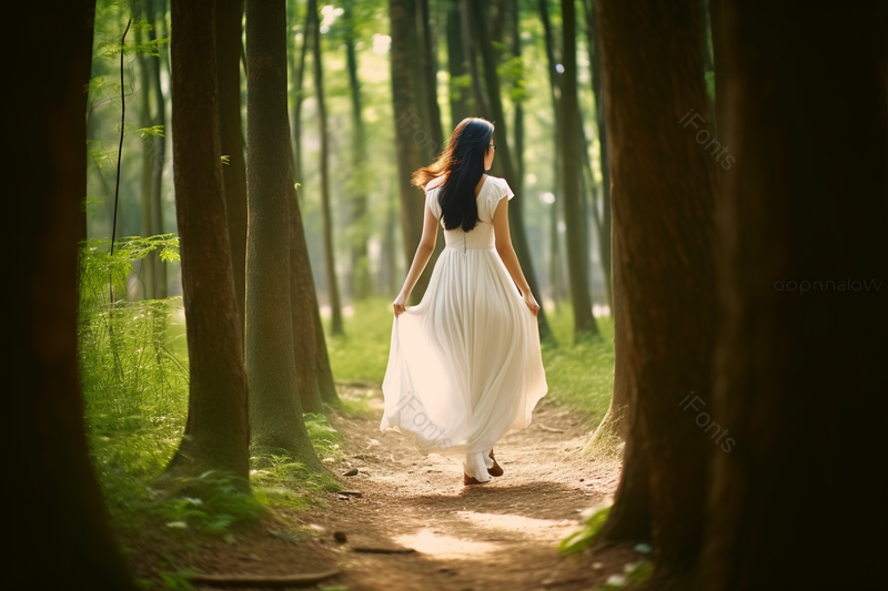 自然绿色树林里奔跑的美女背影小清新场景,高清,摄影图,摄影图片,图片大全,摄影图免费下载